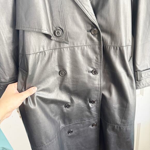 Vintage Etienne Aigner 100% Leather Trenchcoat Long Belted Black Size Medium M - Picture 8 of 16